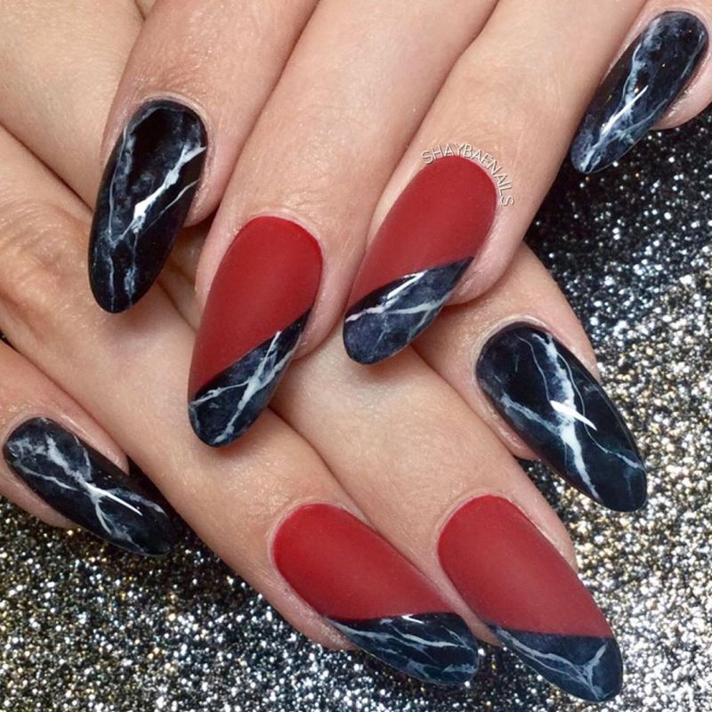red and black marble nail design